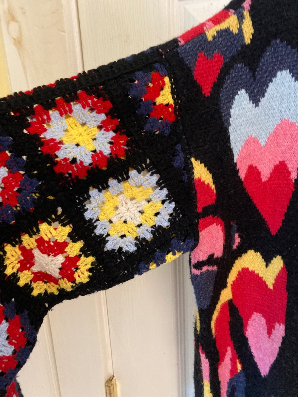 CHARLIE B Sweater with crochet sleeves: Red, Pink, Yellow & Blue Heart Motif - Picture 5 of 8